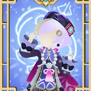 Pode incluir: Uma ilustração de desenho animado de um personagem vestindo uma roupa roxa e azul com uma coroa dourada e um floco de neve branco em uma moldura dourada. O fundo é azul com estrelas brancas.