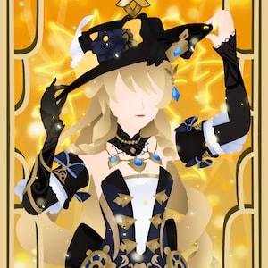 Pode incluir: Uma ilustração estilizada de uma mulher com cabelo loiro vestindo uma roupa preta e dourada com um chapéu grande. O fundo é uma moldura amarela e dourada com um símbolo dourado no centro superior.