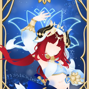 Pode incluir: Uma ilustração digital de uma mulher com cabelo vermelho longo vestindo um traje azul e dourado com uma coroa azul e dourada. Ela está em pé em frente a um fundo azul e dourado com uma flor de lótus azul e dourada atrás dela.