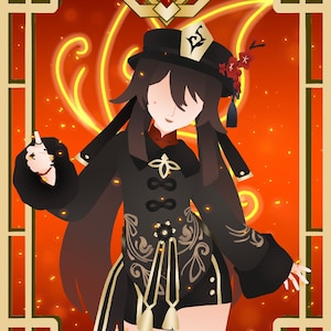 Pode incluir: Uma ilustração digital de uma mulher com cabelo comprido e escuro vestindo um traje chinês preto e dourado. Ela está em pé em frente a um fundo vermelho e dourado com um símbolo de fogo no canto superior. O fundo está cheio de pequenas faíscas douradas.