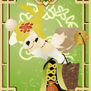 Pode incluir: Uma moldura verde e dourada envolve uma ilustração de desenho animado de uma menina com uma roupa verde e marrom segurando um coelho amarelo. A menina está usando uma bolsa marrom e um sino dourado. O fundo é verde com brilhos brancos e dourados.