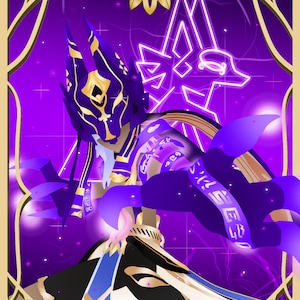 Pode incluir: Um cartão de tarô roxo e dourado com uma imagem estilizada de uma figura mascarada em um traje roxo e dourado. A figura está segurando uma espada e tem uma aura roxa brilhante. O cartão está sobre um fundo de uma grade roxa e dourada.