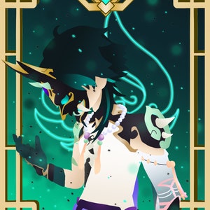 Pode incluir: Uma ilustração digital de um personagem com cabelo verde e uma roupa branca. O personagem está usando uma máscara com um design dourado e branco. O fundo é verde escuro com uma moldura dourada.