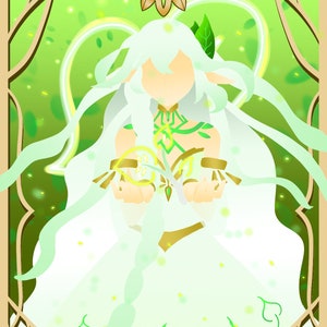 Pode incluir: Uma ilustração digital de uma mulher com cabelo branco comprido e um vestido verde, segurando um orbe brilhante em suas mãos. Ela está cercada por um fundo verde e branco com uma moldura dourada.