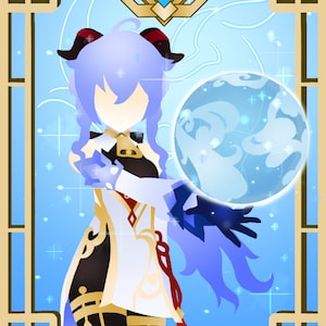 Pode incluir: Uma ilustração azul e branca de um personagem com cabelo roxo e chifres segurando um orbe azul. O personagem está vestindo uma roupa branca e dourada com uma faixa vermelha. O fundo é uma moldura azul e dourada com um design de floco de neve.