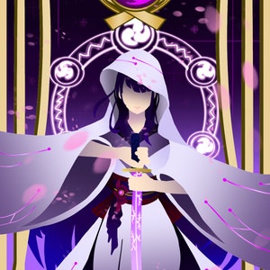 Pode incluir: Uma mulher com uma túnica branca com capuz segura uma espada roxa com uma empunhadura dourada. Ela está em frente a um desenho circular roxo e dourado com um orbe roxo no topo. O fundo é roxo escuro com pétalos de flores rosa e brancas caindo.