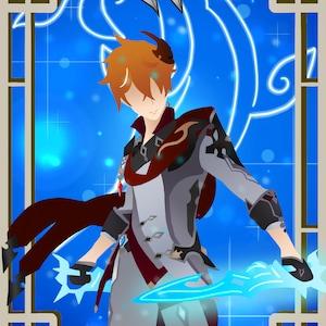 Pode incluir: Ilustração de um personagem de Genshin Impact, apresentando uma figura em uma roupa cinza e vermelha, segurando duas armas azuis brilhantes. O fundo é azul vibrante com um emblema temático de água.