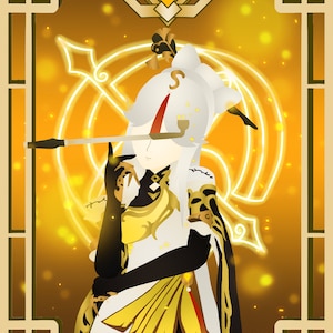 Pode incluir: Uma ilustração estilizada de um personagem com cabelo branco e uma faixa vermelha, vestindo uma roupa branca e dourada com uma longa túnica branca. O personagem está segurando um objeto longo e fino na mão direita e tem uma expressão pensativa no rosto. O fundo é amarelo dourado com um padrão geométrico.