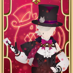 Pode incluir: Uma ilustração estilizada de uma pessoa com um chapéu-coco preto e uma camisa branca com uma gravata borboleta rosa. A pessoa está segurando um cartão de jogo na mão. O fundo é uma moldura vermelha e dourada com um símbolo vermelho brilhante na parte superior central.