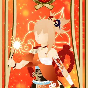 Pode incluir: Uma ilustração digital de uma mulher com cabelo longo e loiro vestindo um quimono vermelho e laranja com uma faixa branca. Ela está segurando uma faísca brilhante em sua mão direita. O fundo é um degradado vermelho e laranja com estrelas douradas.