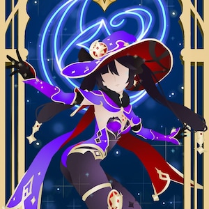 Pode incluir: Uma ilustração digital de uma mulher com um traje roxo e vermelho com um chapéu grande. Ela está em pé em frente a um fundo azul com estrelas e uma moldura dourada. A mulher está segurando um cajado e tem uma aura mágica ao seu redor.