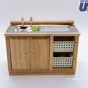 1/12 Dollhouse Natural Oak Wooden Kitchen Stainless Steel Sink Dish Drainer Basket Bathroom Cabinet Miniature Furniture