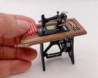 1/12 Miniature Sewing Machine Dollhouse Furniture With Scissor&Red Cloth Toy