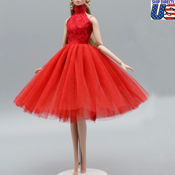 Red Wedding Dress for 11.5inch Fashion Doll Princess Neck High Short Evening Dresses Doll Clothes 1/6 Toy