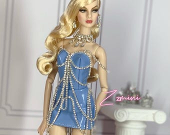 Handmade Blue Doll Dress With Rhinestone Chain 1/6 Fashion Doll Outfit for 11.5'' Doll Clothes– Made to Order