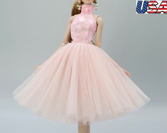 Handmade Pink Wedding Dress for 11.5inch Fashion Doll Princess Neck High Short Evening Dresses Doll Clothes 1/6 Toy
