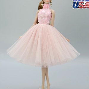 Handmade Pink Wedding Dress for 11.5inch Fashion Doll Princess Neck High Short Evening Dresses Doll Clothes 1/6 Toy