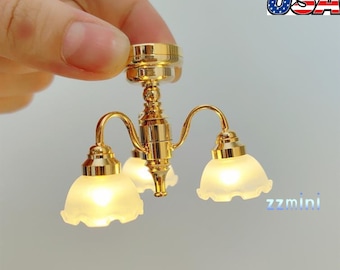 1/12 Dollhouse Miniature 3 Arm Flower Ceiling LED Light Chandelier Battery Use Decoration