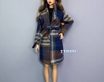 11.5'' Fashion Doll Check Print Front Trench Blue Purple Brown Long Wrap Coat Long Sleeve Mini Dress Out