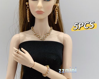 5PCS Handmade Fashion Doll Jewelry Rhinestones Earring Necklace Bracelet And Ring Set Accessories