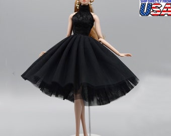 Handmade Black Wedding Dress for 11.5inch Fashion Doll Princess Neck High Short Evening Dresses Doll Clothes 1/6 Toy