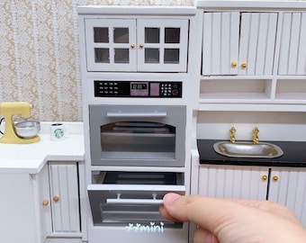 1/12 Dollhouse Miniature White Wooden Microwave Oven Whole Set Cabinet Kitchen Furniture Model Toy Decoration Simulation