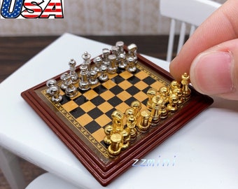 1/12 Dollhouse Miniature Toy Metal Silver & Golden Chess and Board Set Play Game Decoration