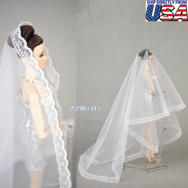 11.5inch 1/6 HANDMADE White Lace Veil Wedding Ballgown Dress for 11.5inch Fashion Doll Princess Long Evening Dresses Doll Veil Toy
