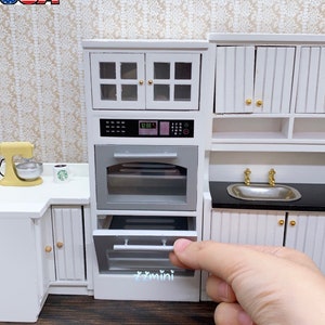 1/12 Dollhouse Miniature White Wooden Microwave Oven Whole Set Cabinet Kitchen Furniture Model Toy Decoration Simulation