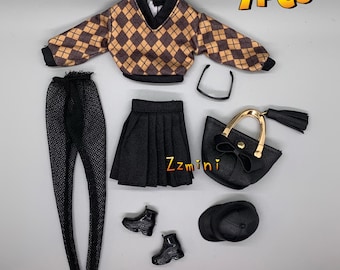 7PCS Handmade Doll Clothes Outfit with Skirt Leggings Shoes Bag Hat Glasses for 11.5" Fashion Doll 1/6 Accessories Birthday Gift