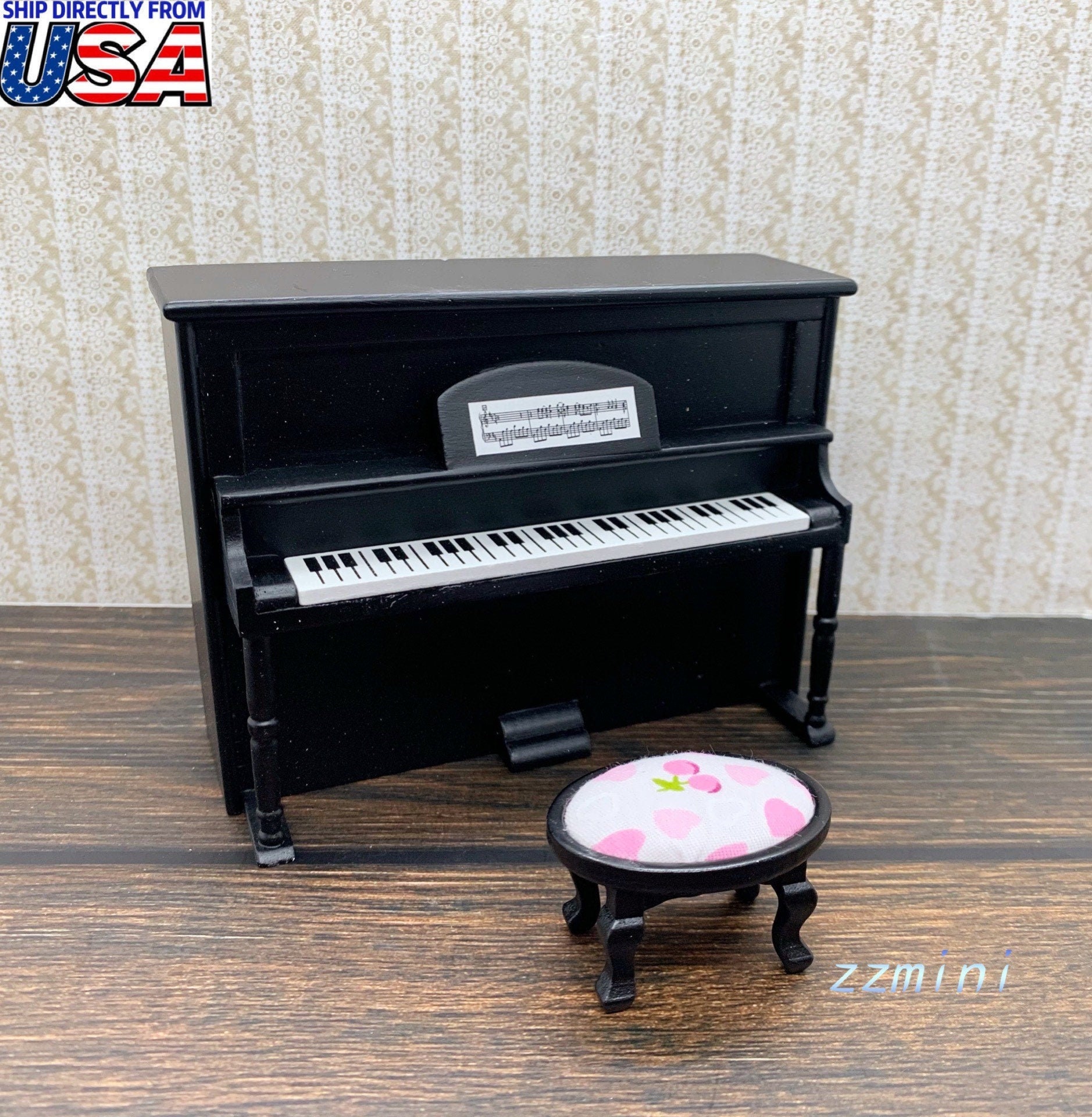 Miniature Wooden Display Prop Upright BLACK Piano With Chair