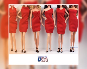 6PCS 1/6 Clothes Fashion Doll Classic RED Little Dress 11.5"/30cm Doll Evening Dresses Clothes