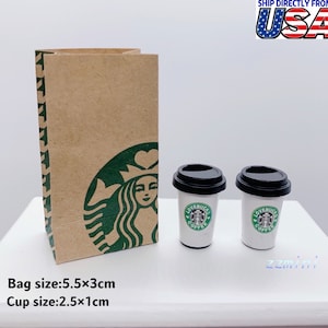 1/6 Dollhouse Miniature BJD SD Starbucks 2 Coffee Cup + 1 Paper Bag Bar Drink