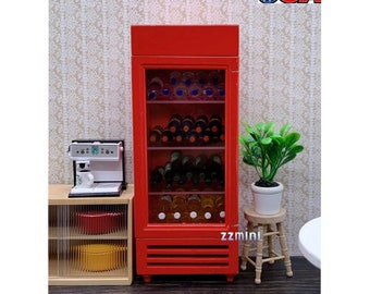 1:12 Dollhouse Miniature Wood Red Refrigerator Freezer Dollhouse Model Kitchen Furniture Decoration