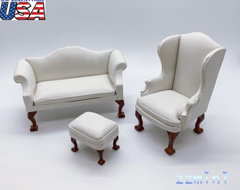 1/12 canapé maison de poupée miniature 2 pièces pour 1 ensemble fauteuil à oreilles en cuir artificiel blanc fabriqué à la main et repose-pieds ottoman