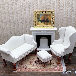 1/12 Sofa Dollhouse Miniature Handcrafted White Artificial Leather Wing Armchair and Ottoman Footstool Furniture