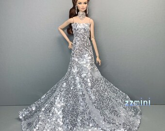 Silver Party Wedding Dress for 11.5inch Fashion Doll Princess Tailing Long Evening Dresses 1/6 Doll Clothes