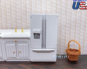 White Miniature 1/12 Double-Door Wooden Refrigerator Dollhouse Model Kitchen Furniture