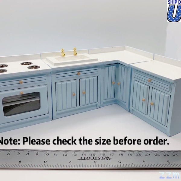4pc Kitchen set Dollhouse Blue Miniature Cupboard Corner Stove Sink Cabinet