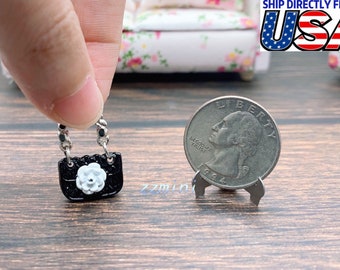 Dollhouse Miniature 1:12 scale Purse Handbag Tote Classic Black Camellia Bag, Fashion Doll ,Lottie Handbag, Purse, Clothes, Accessory