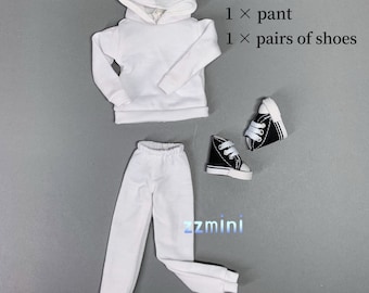 May include: White hoodie, white sweatpants, and black sneakers.  Include: 1 x hoodie, 1 x pant, 1 x pairs of shoes.