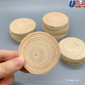 May include: A set of six natural wood round slices, each with a concentric circle pattern. The slices are approximately 3 inches in diameter and 1/2 inch thick. The wood is a light brown color and has a smooth finish.