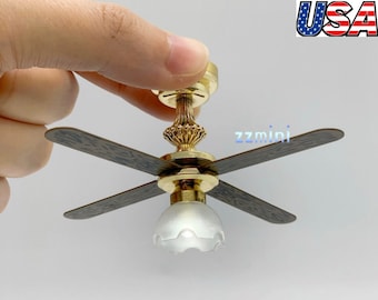 1/12 Dollhouse Miniature Battery Ceiling Fan Light With One Flower And 4 Blades Battery Use Decoration