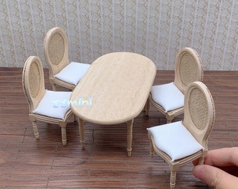 1/12 Dollhouse Miniature 9PCS Wood Dining Table Chair Seat Cushion Kitchen Dining Table Set DIY Furniture