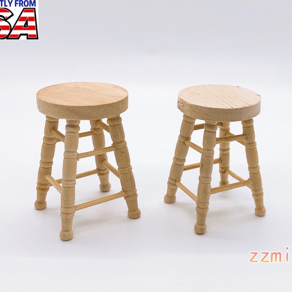 1/12 Dollhouse Miniature 2pcs/Set Unfinished Wood Circle Top Chair Natural Wood Color Bar Stool Furniture