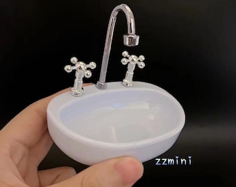 1/6 Dollhouse Miniature Figure Action HANDMADE Sink Washbasin Bathroom Basin Silver Faucet Set Sindy Accessories Toy Decoration