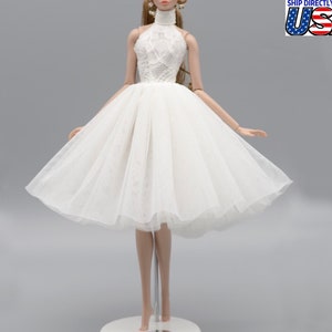 Handmade White Wedding Dress for 11.5inch Fashion Doll Princess Neck High Short Evening Dresses Doll Clothes 1/6 Toy