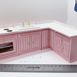 4pc Kitchen set Dollhouse Pink Miniature Cupboard Corner Stove Sink Cabinet