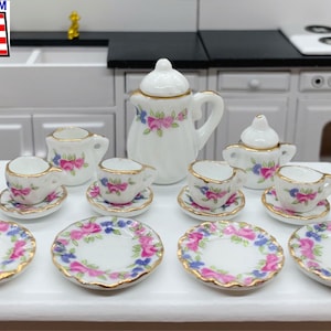 15pcs Doll House 1:12 Scale dish cup Miniature China Coffee Tea Set pink flower