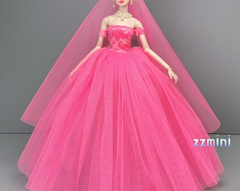 Rose Pink Wedding Dress for 11.5inch Fashion Doll Tiffany Blue Long Evening Dress 1/6 Clothes with free Head Veil